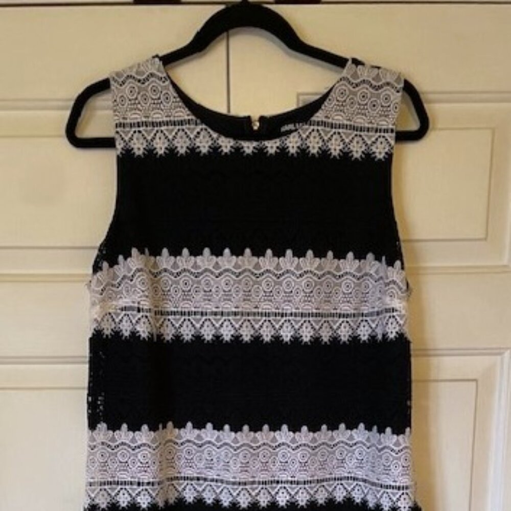 Karl Lagerfeld Paris lace sheath dress, navy, white, snowflake trim